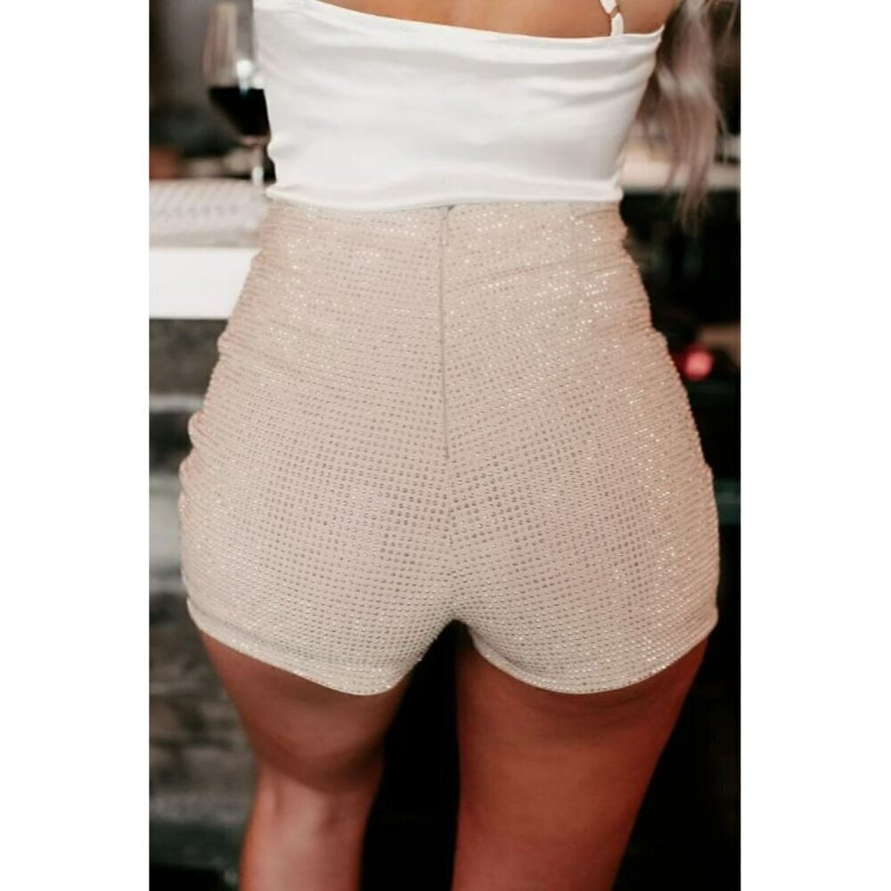 Got A Reputation High Waisted Rhinestone Diamond Shorts in Tan - Picture 5 of 7
